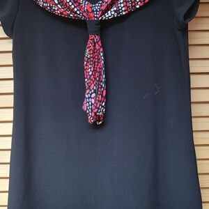 Carole Little Black Blouse with Red and White Scarf Accent